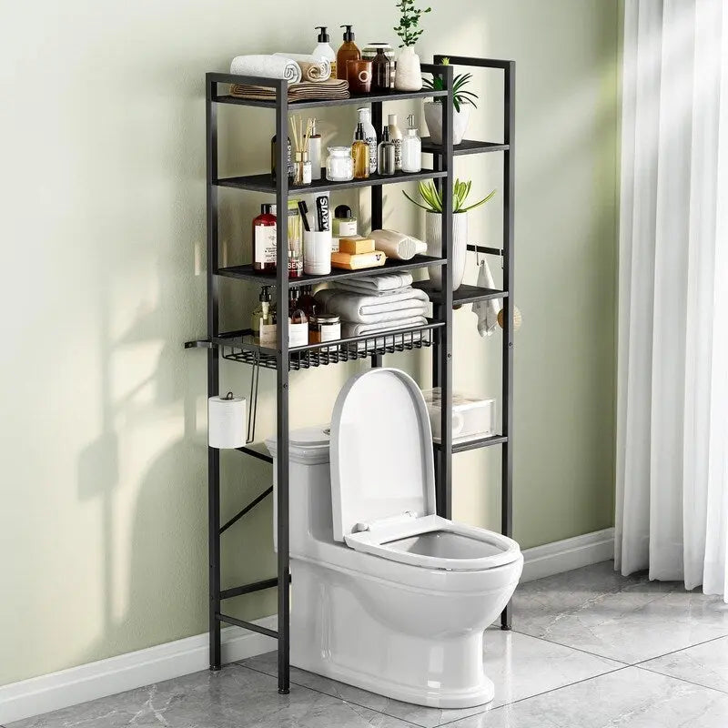 Étagère de rangement 8 niveaux au-dessus des toilettes avec porte-serviettes latéral, étagère de rangement au-dessus des toilettes avec étagère réglable et panier de vidange