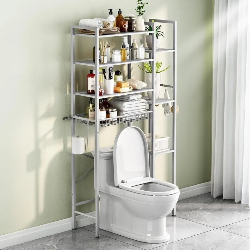 Étagère de rangement 8 niveaux au-dessus des toilettes avec porte-serviettes latéral, étagère de rangement au-dessus des toilettes avec étagère réglable et panier de vidange