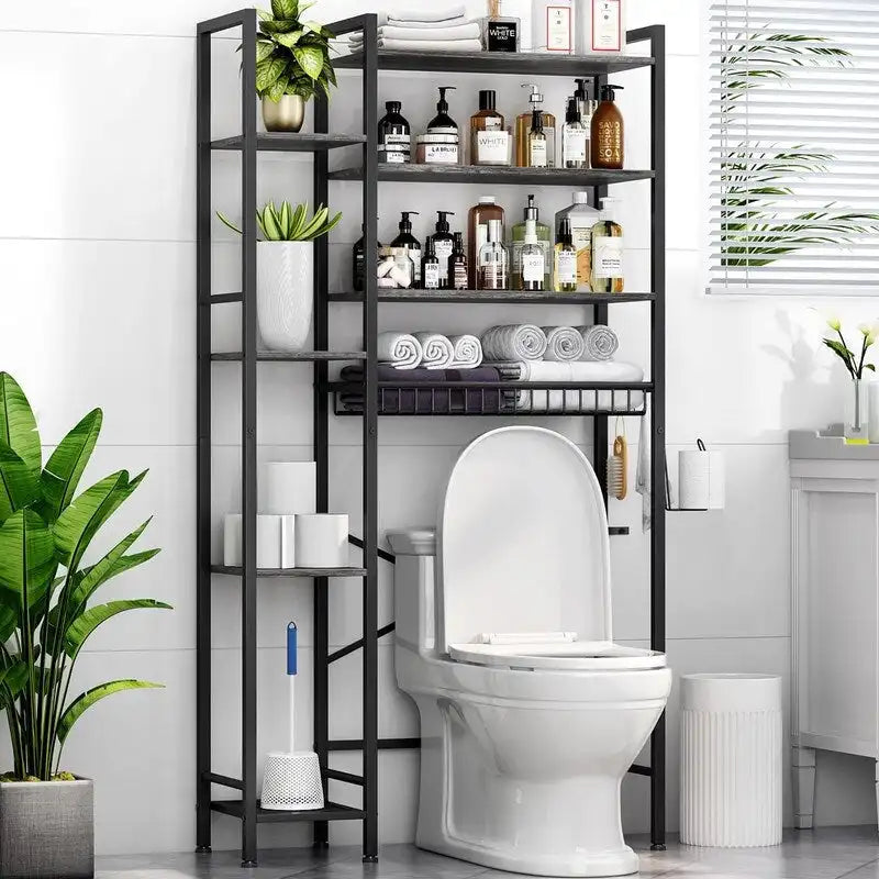 Étagère de rangement 8 niveaux au-dessus des toilettes avec porte-serviettes latéral, étagère de rangement au-dessus des toilettes avec étagère réglable et panier de vidange