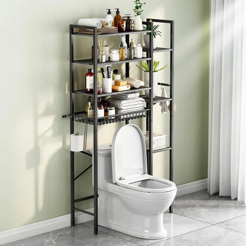 Étagère de rangement 8 niveaux au-dessus des toilettes avec porte-serviettes latéral, étagère de rangement au-dessus des toilettes avec étagère réglable et panier de vidange