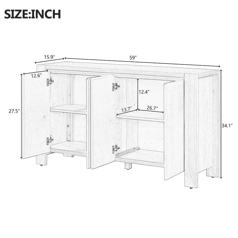 Bahut/Buffet de Rangement à 4 Portes avec Étagères Réglables et Finition Vieillie