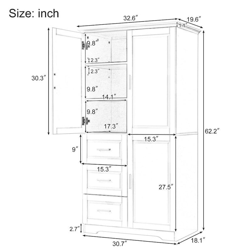 Grand meuble de rangement haut avec portes pour salle de bain/bureau, trois tiroirs - S.O.