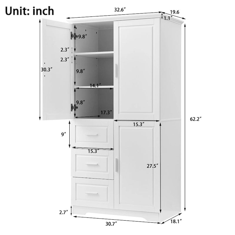 Grand meuble de rangement haut avec portes pour salle de bain/bureau, trois tiroirs - S.O.