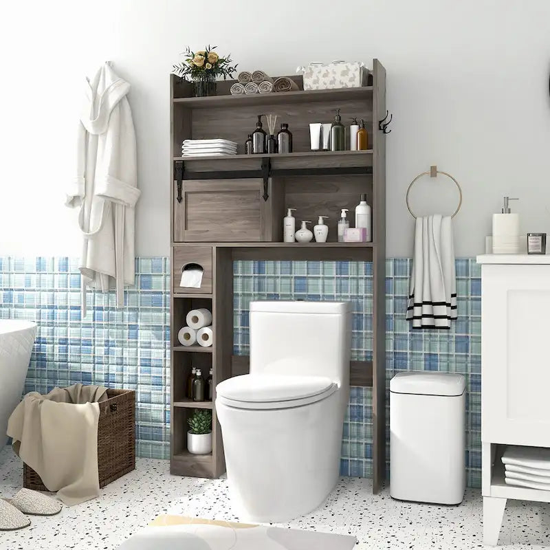 Meuble de rangement pour toilettes avec porte coulissante de style grange réglable