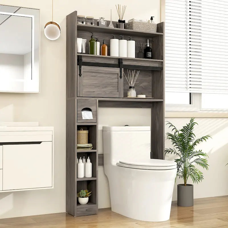 Meuble de rangement pour toilettes avec porte coulissante de style grange réglable