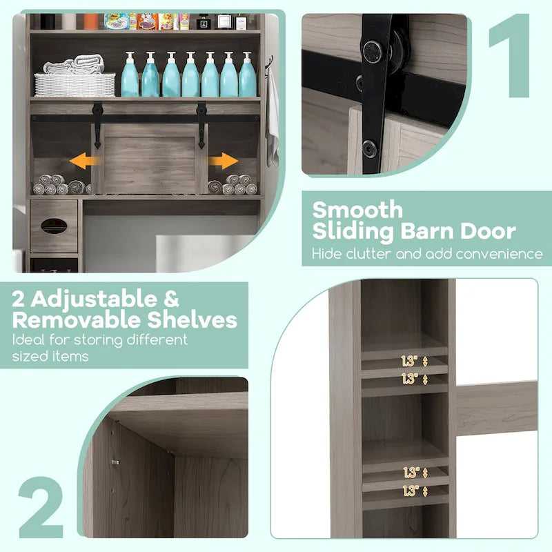 Meuble de rangement pour toilettes avec porte coulissante de style grange réglable