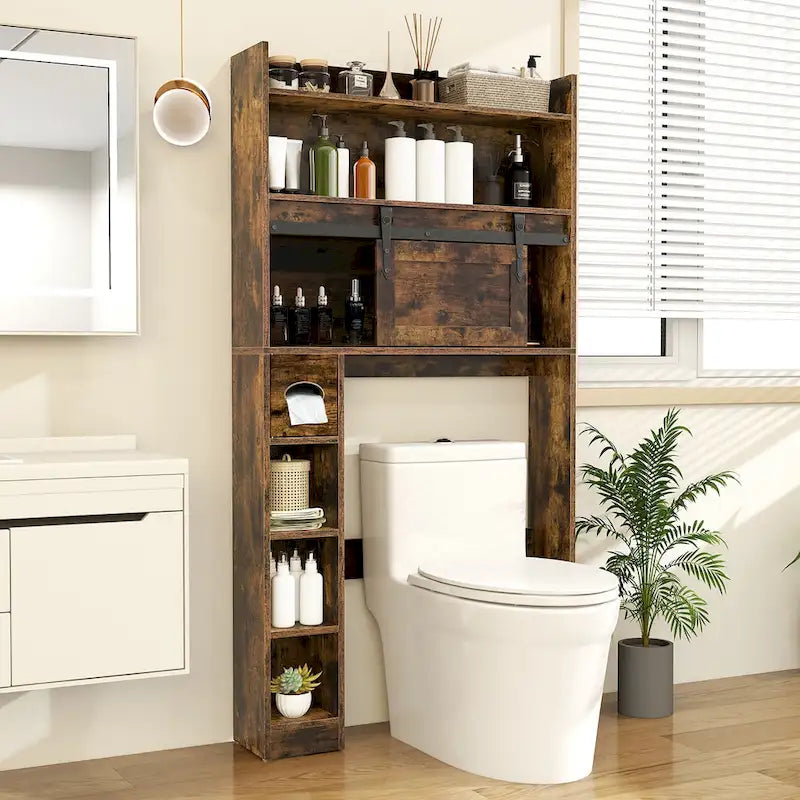 Meuble de rangement pour toilettes avec porte coulissante de style grange réglable