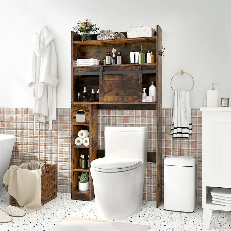 Meuble de rangement pour toilettes avec porte coulissante de style grange réglable