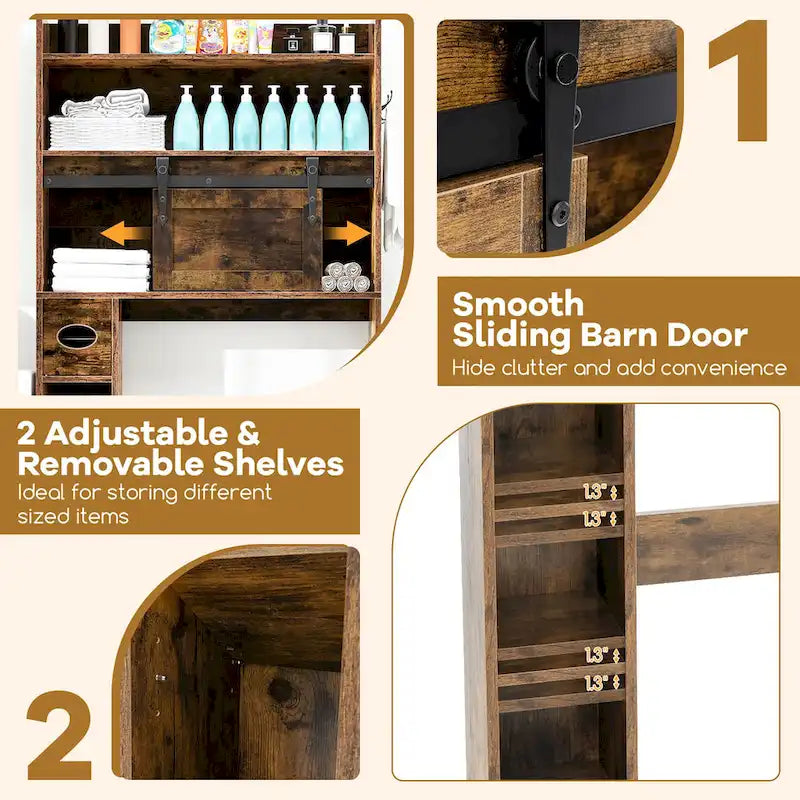 Meuble de rangement pour toilettes avec porte coulissante de style grange réglable
