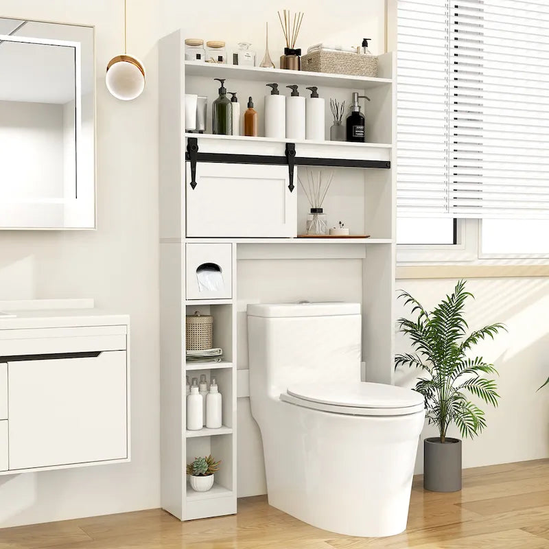 Meuble de rangement pour toilettes avec porte coulissante de style grange réglable