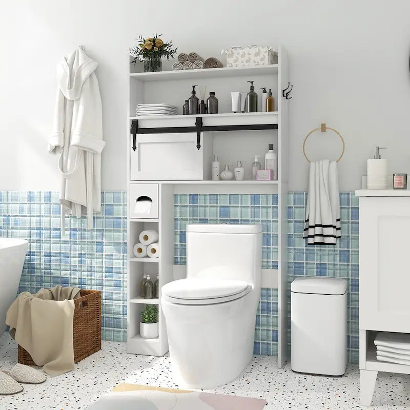 Meuble de rangement pour toilettes avec porte coulissante de style grange réglable
