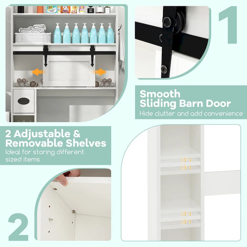 Meuble de rangement pour toilettes avec porte coulissante de style grange réglable