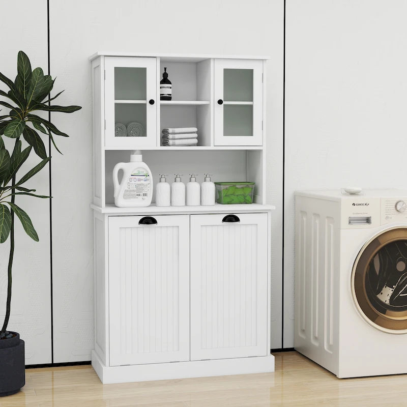 Armoire de salle de bain haute avec panier à linge sale à bascule à deux compartiments