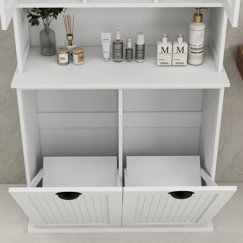 Armoire de salle de bain haute avec panier à linge sale à bascule à deux compartiments