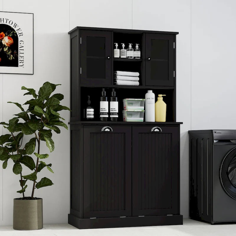Armoire de salle de bain haute avec panier à linge sale à bascule à deux compartiments