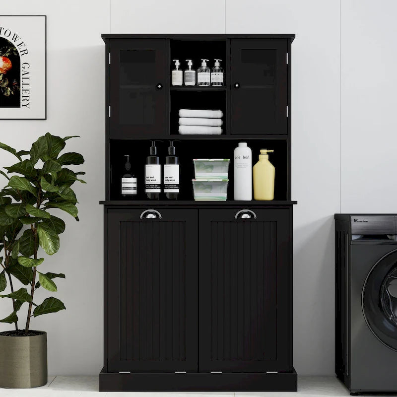 Armoire de salle de bain haute avec panier à linge sale à bascule à deux compartiments