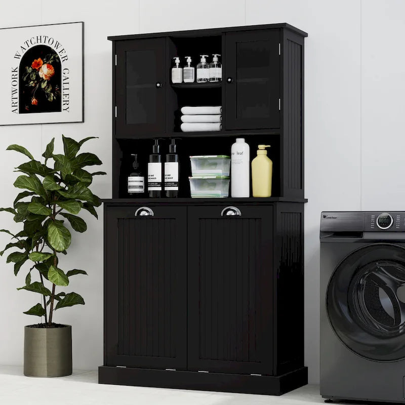 Armoire de salle de bain haute avec panier à linge sale à bascule à deux compartiments