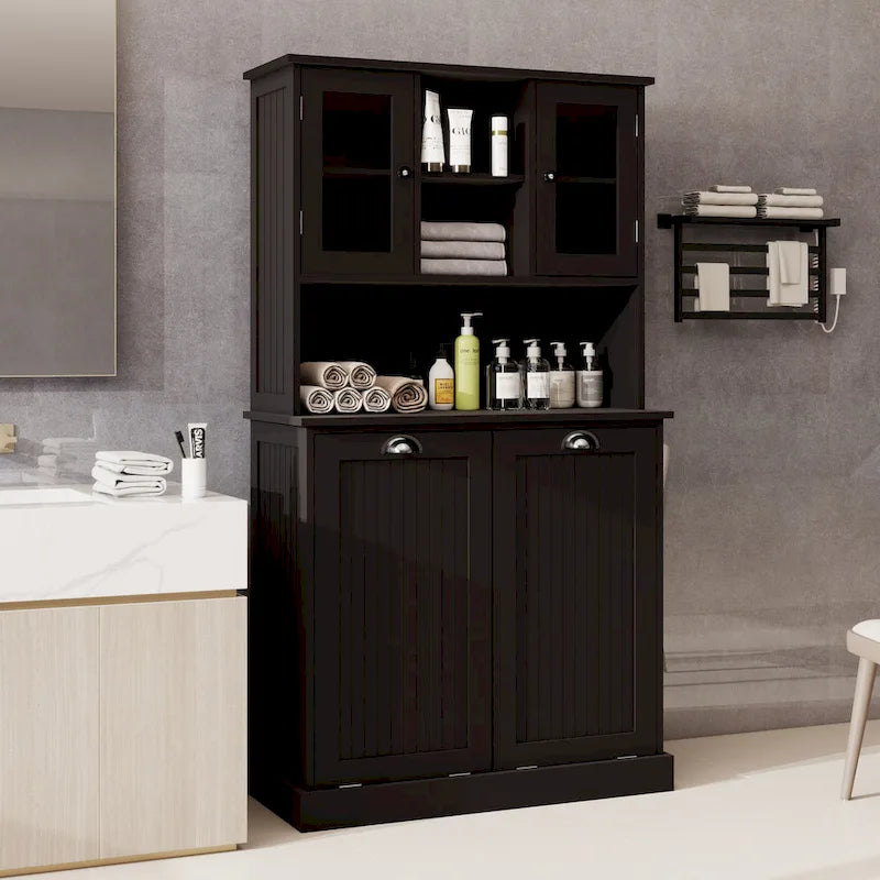 Armoire de salle de bain haute avec panier à linge sale à bascule à deux compartiments