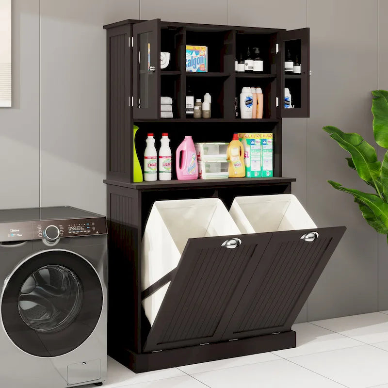 Armoire de salle de bain haute avec panier à linge sale à bascule à deux compartiments