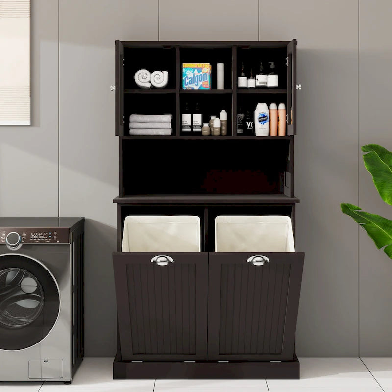 Armoire de salle de bain haute avec panier à linge sale à bascule à deux compartiments