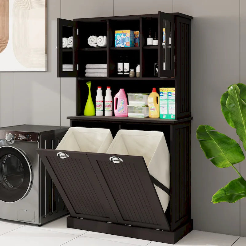Armoire de salle de bain haute avec panier à linge sale à bascule à deux compartiments