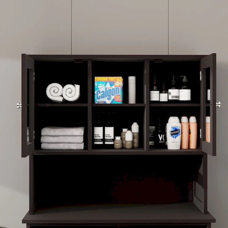 Armoire de salle de bain haute avec panier à linge sale à bascule à deux compartiments