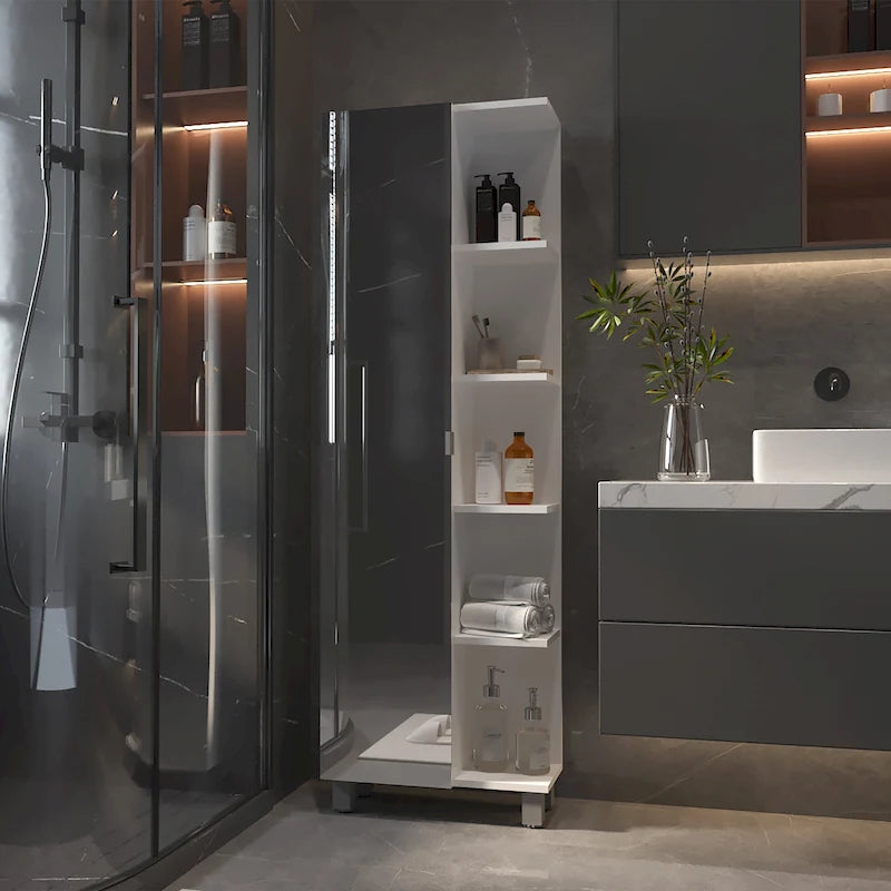 Meuble de rangement en lin avec miroir et 5 étagères ouvertes, modèle Los Angeles