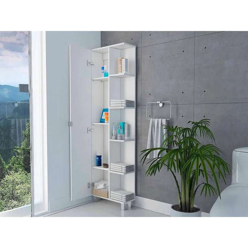 Meuble de rangement en lin avec miroir et 5 étagères ouvertes, modèle Los Angeles