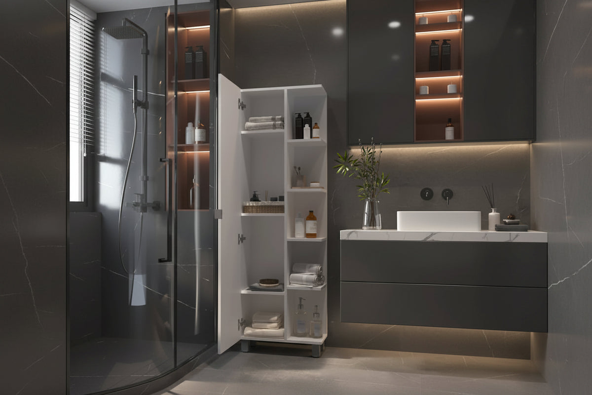 Meuble de rangement en lin avec miroir et 5 étagères ouvertes, modèle Los Angeles