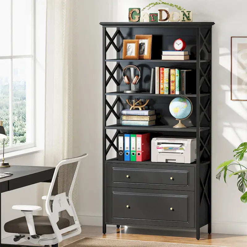 2 Drawer Black File Cabinet with Storage Shelves