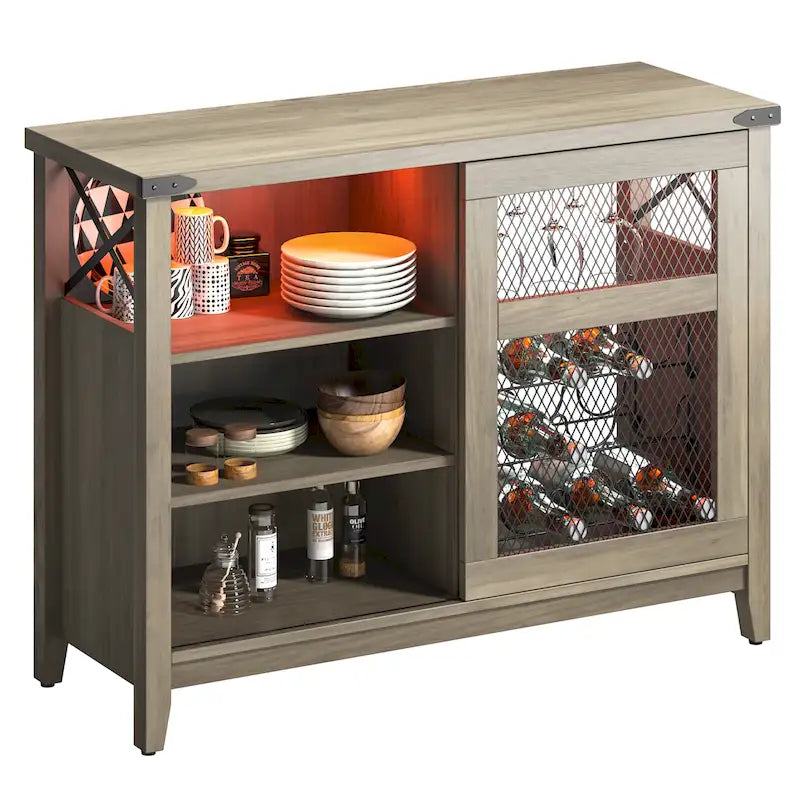 Meuble Bar à Vin avec Rangement, Porte Coulissante et Lumières LED - 42 pouces