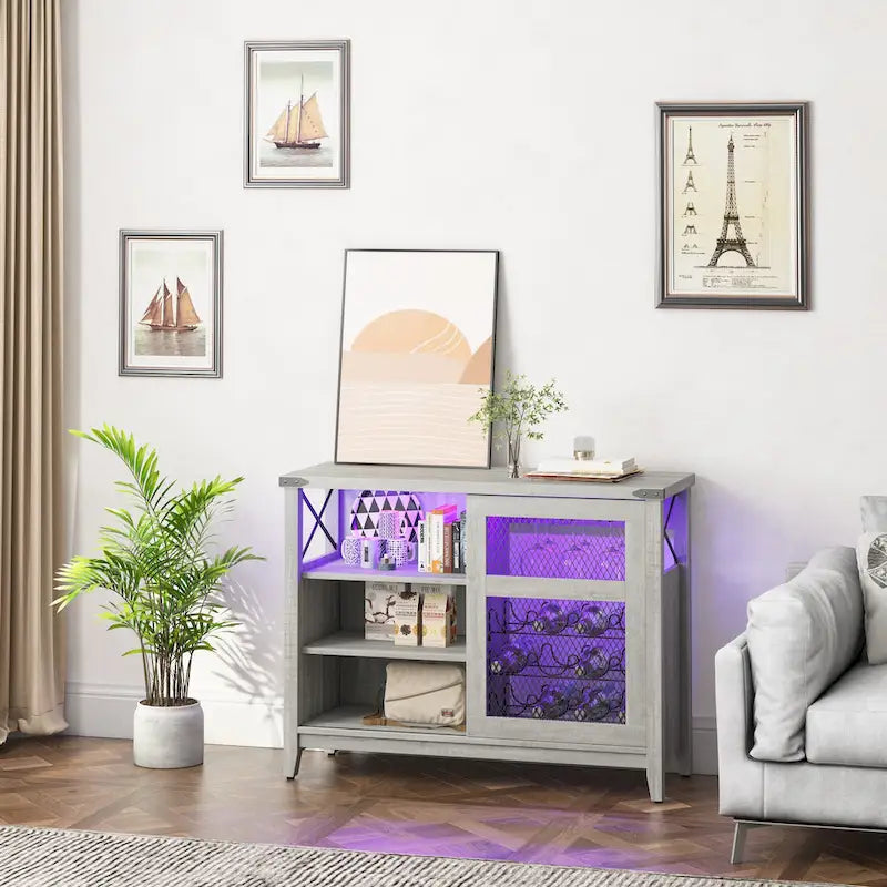 Meuble Bar à Vin avec Rangement, Porte Coulissante et Lumières LED - 42 pouces