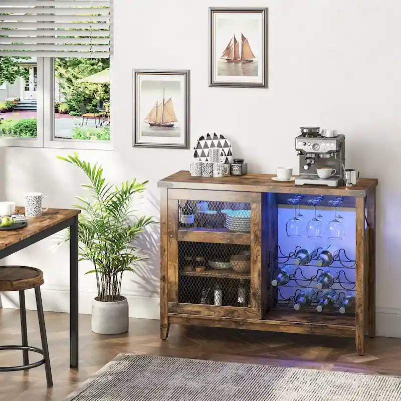 Meuble Bar à Vin avec Rangement, Porte Coulissante et Lumières LED - 42 pouces