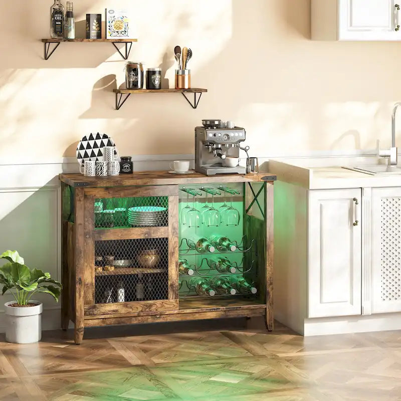 Meuble Bar à Vin avec Rangement, Porte Coulissante et Lumières LED - 42 pouces