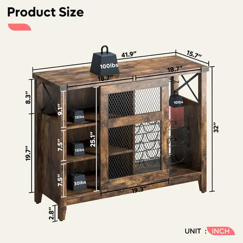 Meuble Bar à Vin avec Rangement, Porte Coulissante et Lumières LED - 42 pouces