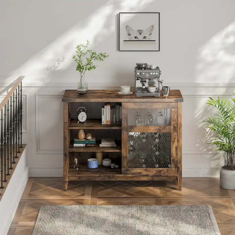 Meuble Bar à Vin avec Rangement, Porte Coulissante et Lumières LED - 42 pouces
