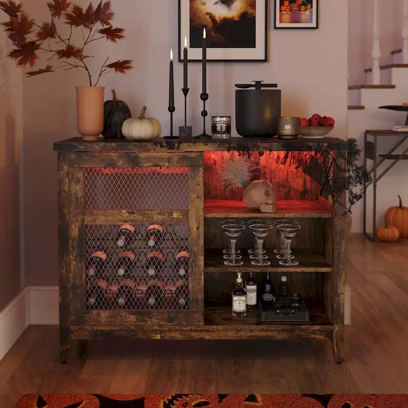 Meuble Bar à Vin avec Rangement, Porte Coulissante et Lumières LED - 42 pouces