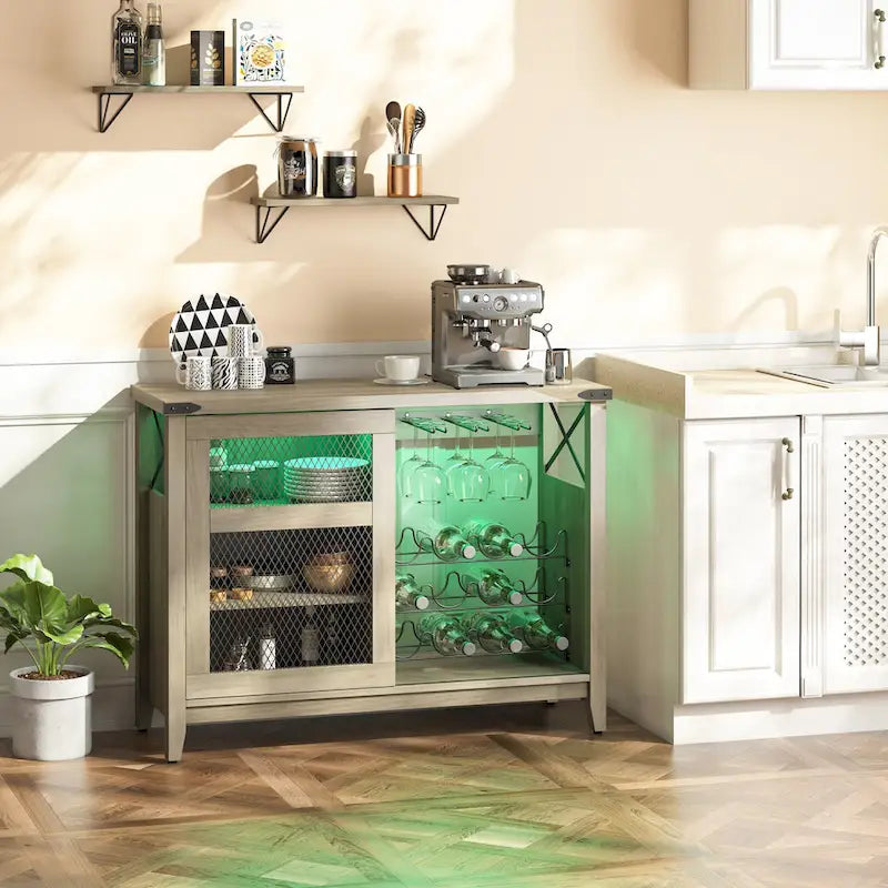 Meuble Bar à Vin avec Rangement, Porte Coulissante et Lumières LED - 42 pouces