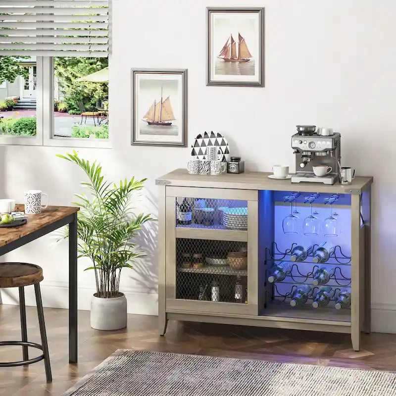 Meuble Bar à Vin avec Rangement, Porte Coulissante et Lumières LED - 42 pouces