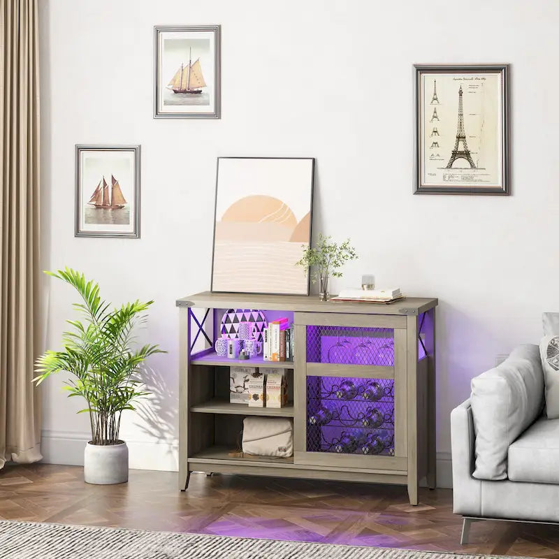 Meuble Bar à Vin avec Rangement, Porte Coulissante et Lumières LED - 42 pouces