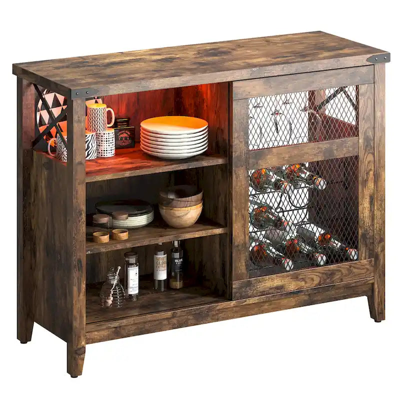 Meuble Bar à Vin avec Rangement, Porte Coulissante et Lumières LED - 42 pouces