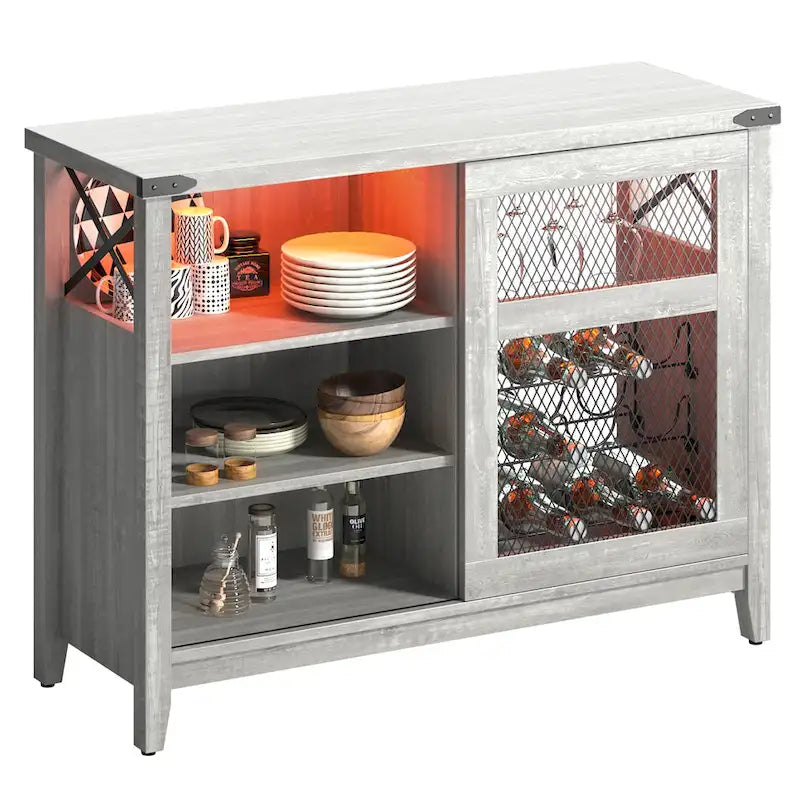 Meuble Bar à Vin avec Rangement, Porte Coulissante et Lumières LED - 42 pouces