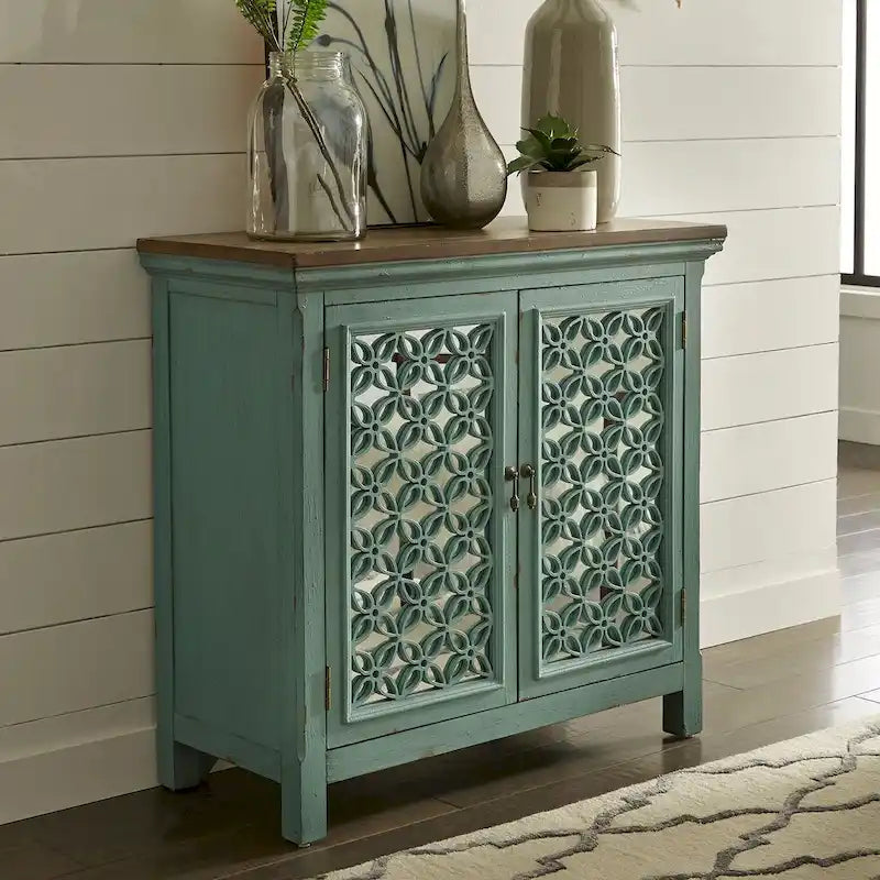 Meuble d'appoint 2 portes Kensington turquoise avec plateau en bois vieilli