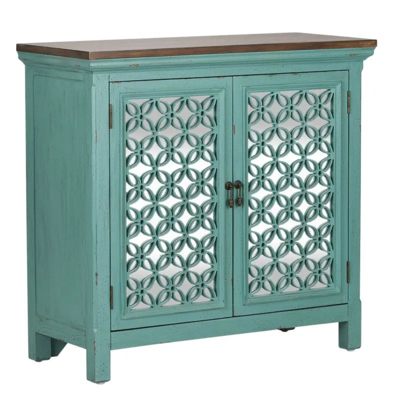 Meuble d'appoint 2 portes Kensington turquoise avec plateau en bois vieilli