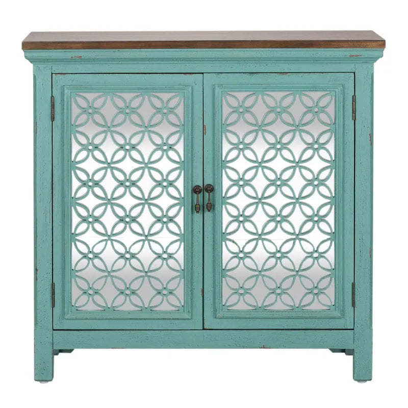 Meuble d'appoint 2 portes Kensington turquoise avec plateau en bois vieilli