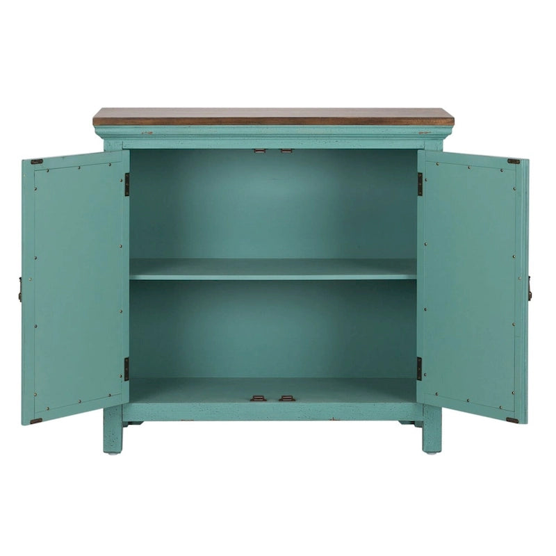 Meuble d'appoint 2 portes Kensington turquoise avec plateau en bois vieilli