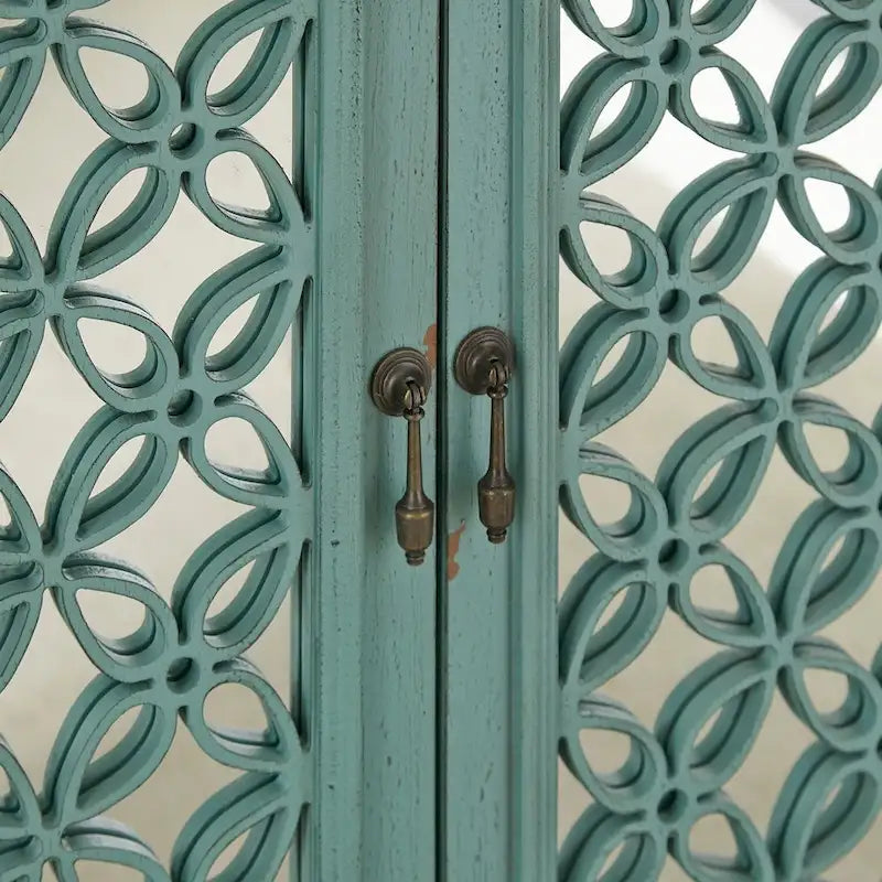 Meuble d'appoint 2 portes Kensington turquoise avec plateau en bois vieilli