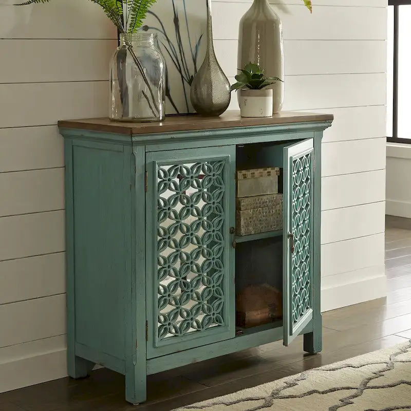 Meuble d'appoint 2 portes Kensington turquoise avec plateau en bois vieilli