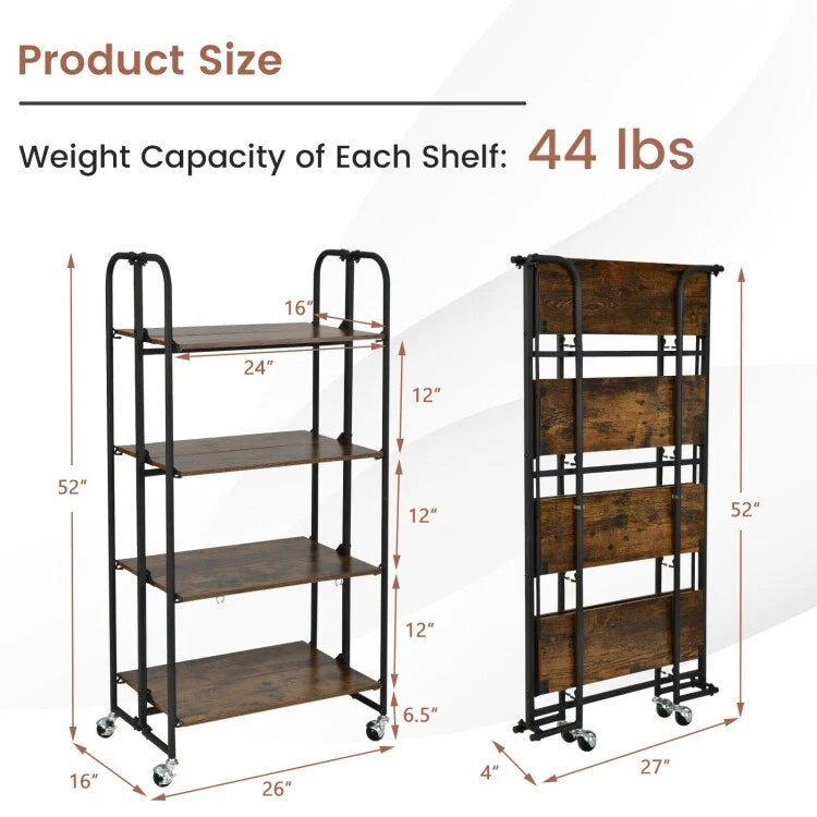 Chariot Roulant Pliable avec Étagères de Rangement pour Cuisine - 4 Niveaux - 26 x 16 x 52 (L x l x H)