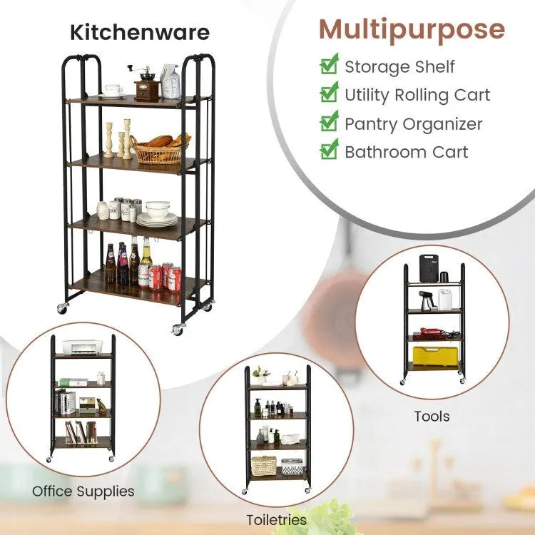 Chariot Roulant Pliable avec Étagères de Rangement pour Cuisine - 4 Niveaux - 26 x 16 x 52 (L x l x H)